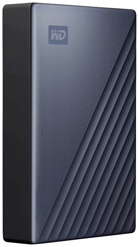 Un disque dur externe noir avec des lignes diagonales, affichant le logo 'WD'.