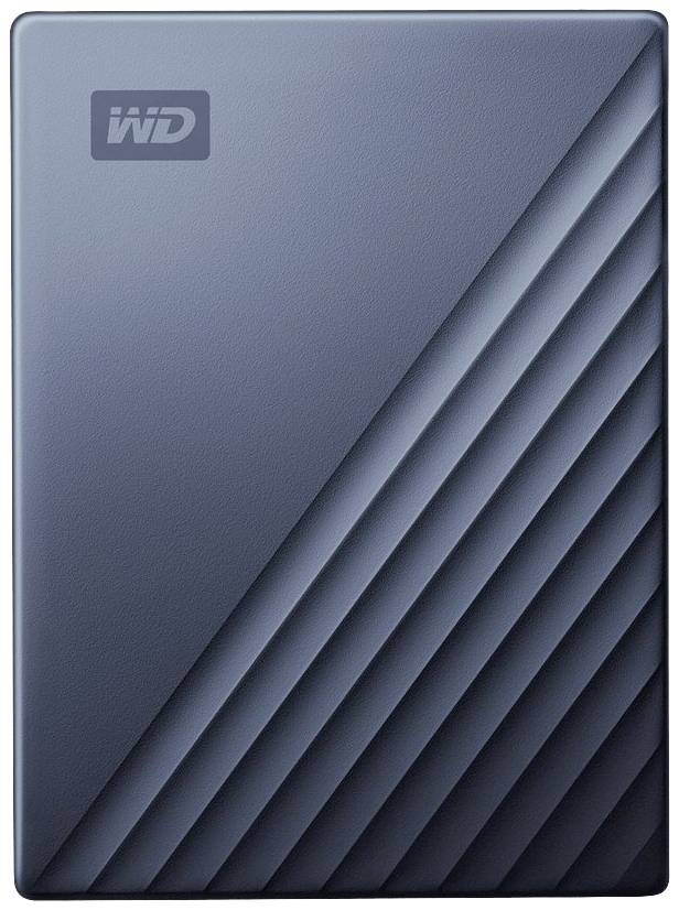 Disque dur externe avec un boîtier structuré bleu et le logo 'WD' dans le coin supérieur gauche.