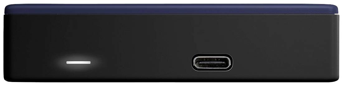 Appareil électronique noir avec un port USB-C et un voyant LED blanc à l'avant.