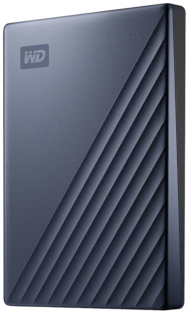 Un disque dur externe de couleur bleu foncé avec un design de lignes diagonales sur sa surface.
