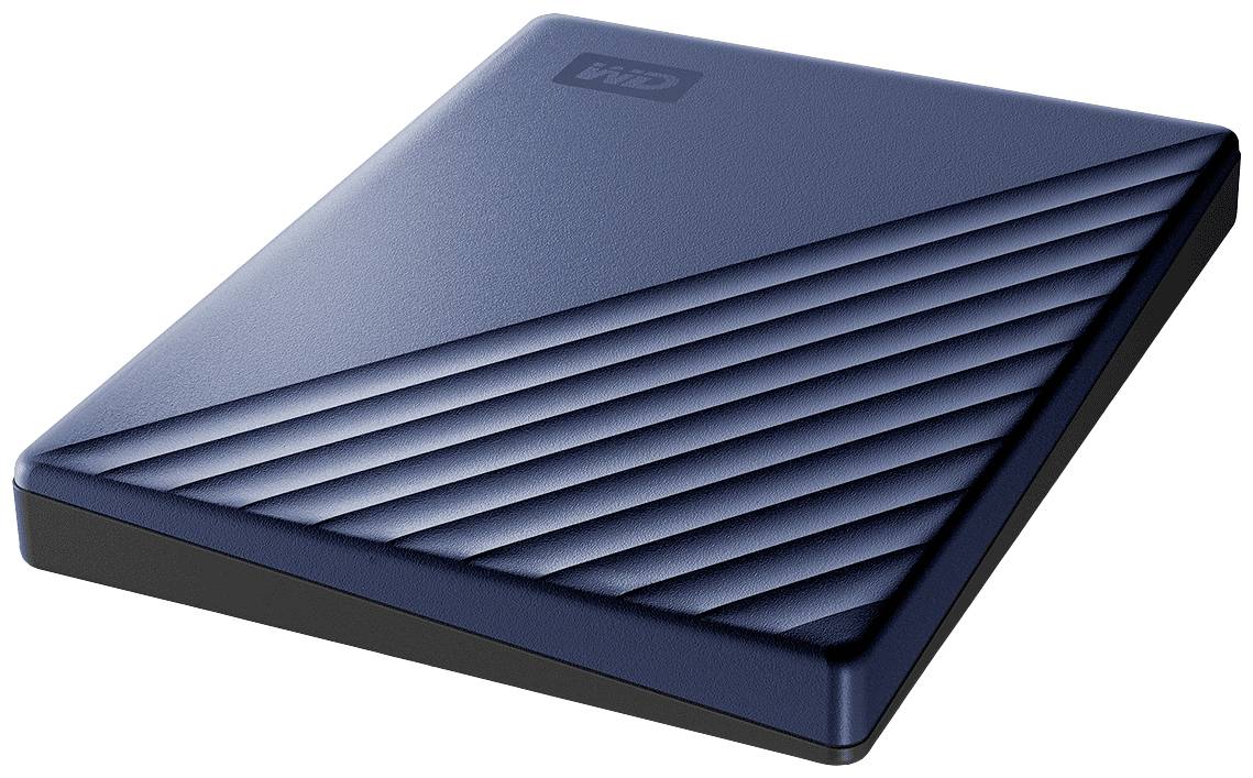 Disque dur externe de couleur bleue avec un design distinctif à rayures; forme rectangulaire.