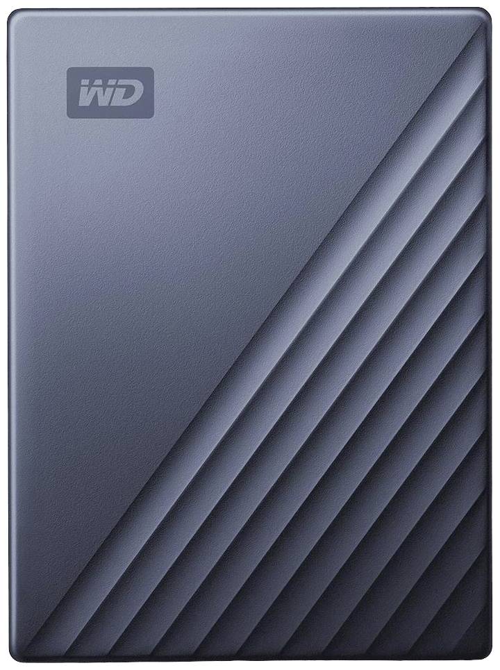 Disque dur externe en gris foncé avec des lignes diagonales et le logo WD. Adapté pour l'extension de stockage et la sauvegarde de données.