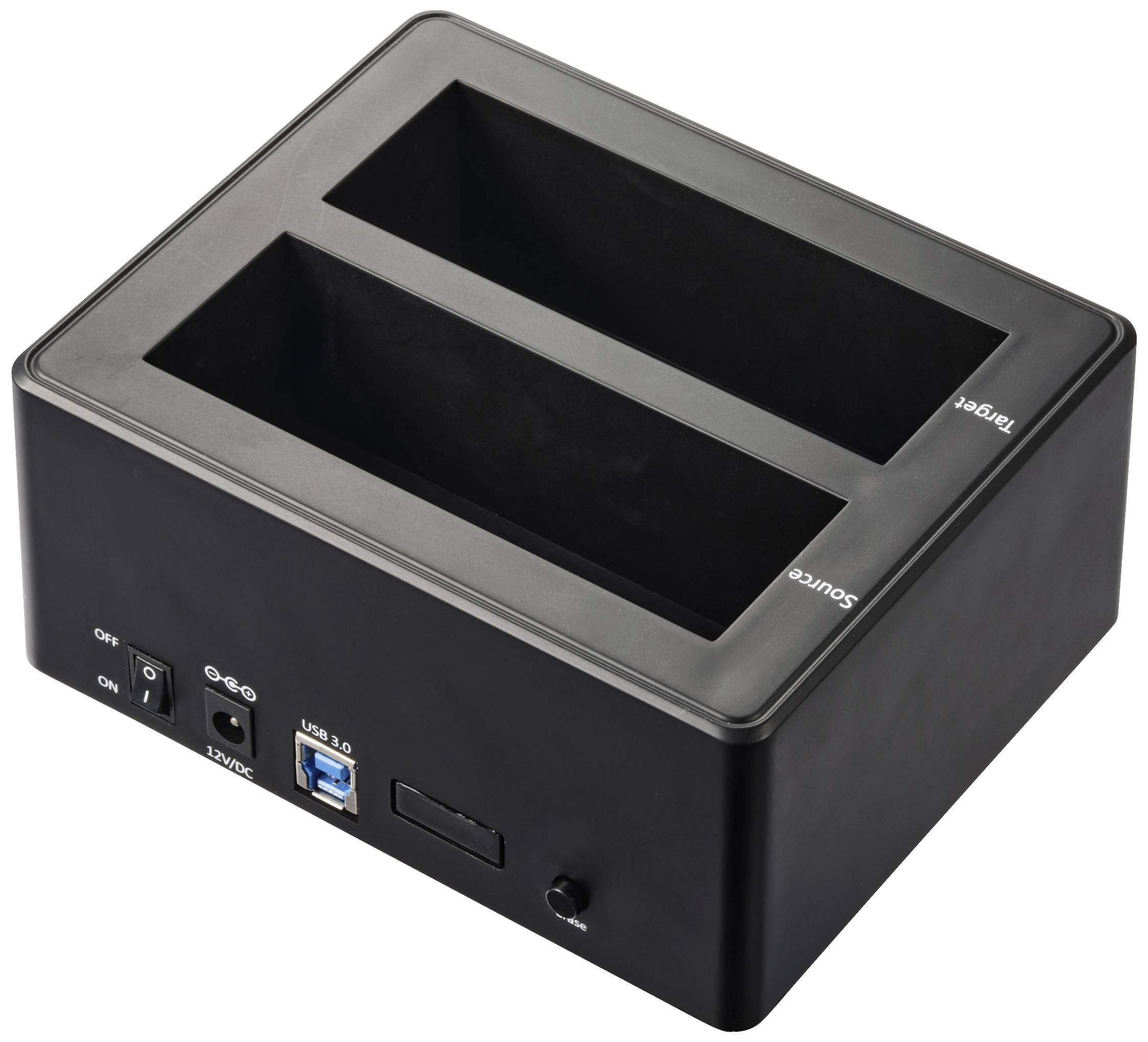Boîtier de station d'accueil noir pour disques durs avec deux emplacements, connexion USB 3.0 et interrupteur marche/arrêt, pour une gestion simplifiée des disques durs.