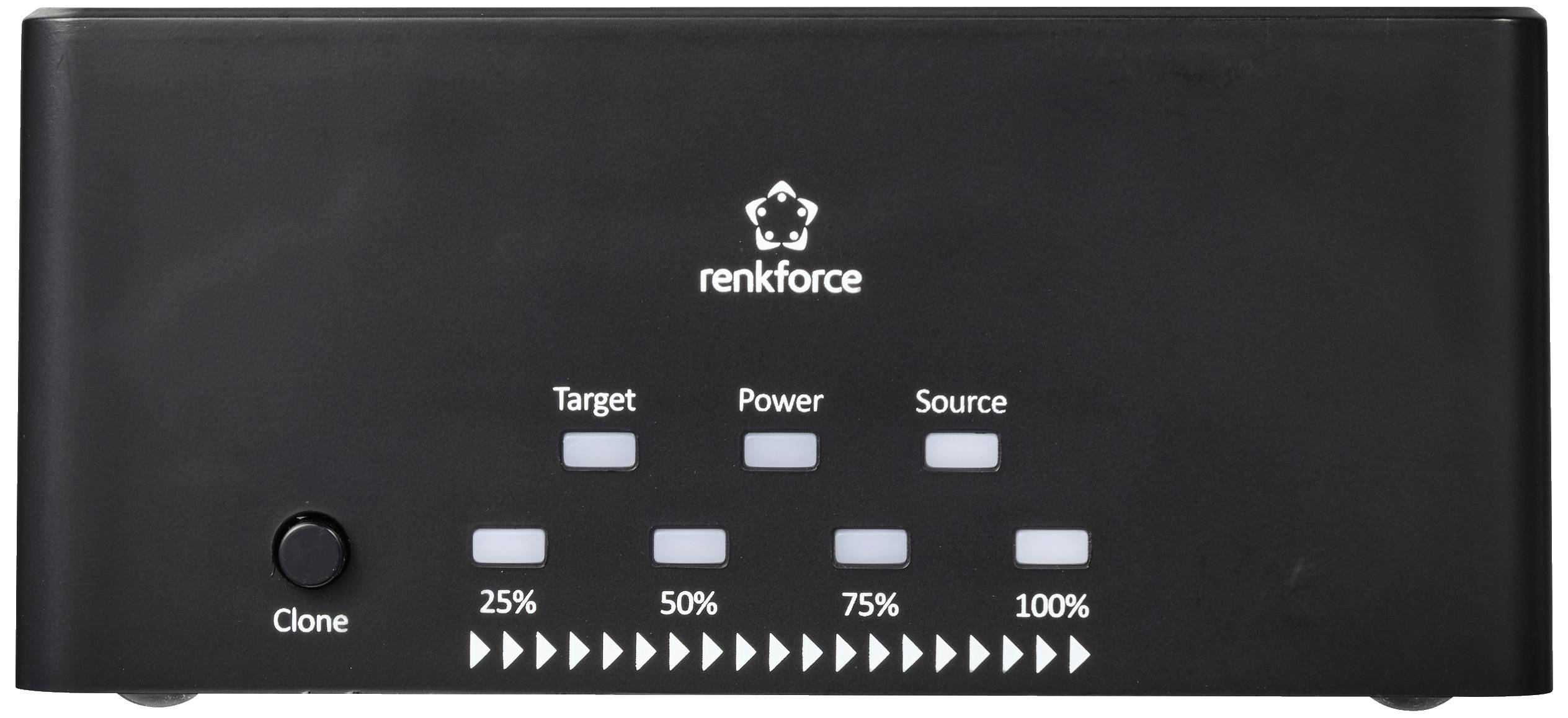 Appareil noir avec logo, voyants lumineux pour 'Cible', 'Alimentation', 'Source' ; bouton pour 'Cloner' ; affichage de la progression de la copie (25%-100%).