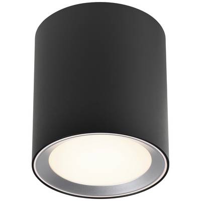 Lampe de plafond cylindrique noire avec lumière blanc chaud, adaptée aux espaces intérieurs modernes.