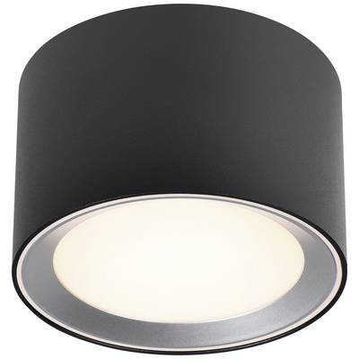Un luminaire de plafond cylindrique noir avec une lumière centrale claire, adapté aux espaces intérieurs modernes.