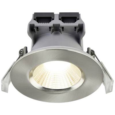 Plafonnier LED rond en métal, lumineux, avec bordure argentée et structure intérieure éclairante.