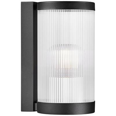 Un luminaire extérieur moderne avec un verre strié transparent et un boîtier noir diffuse une lumière chaleureuse.