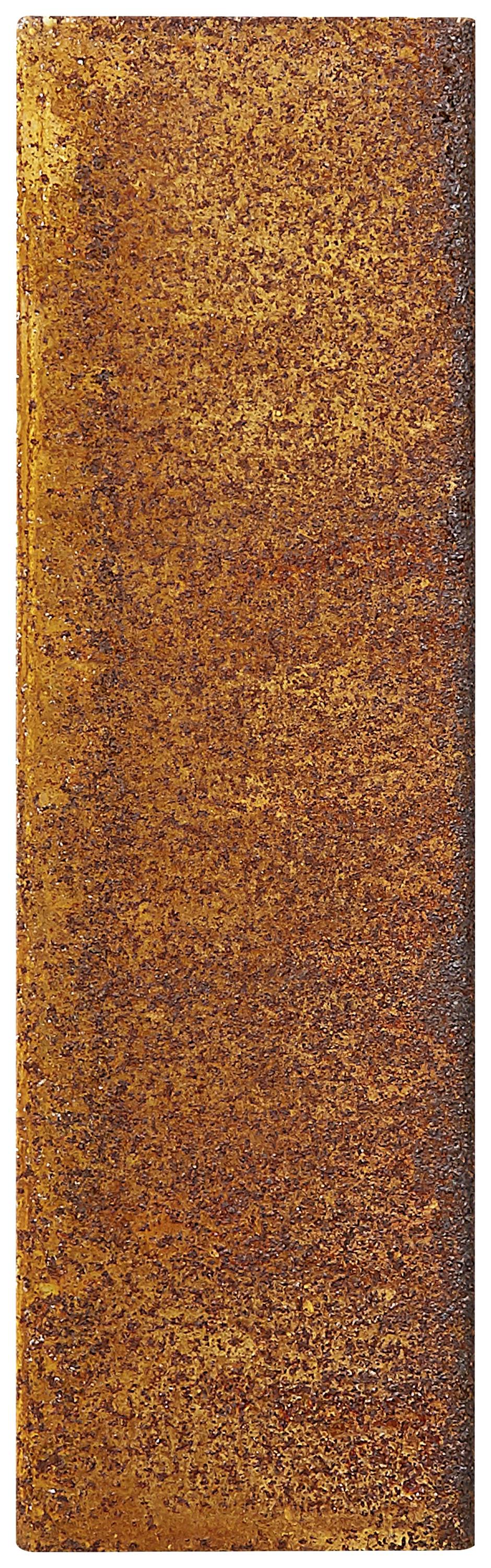 Morceau de métal rouillé, rectangulaire, à la surface irrégulière et rugueuse, présentant différentes nuances de brun.