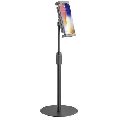 Support de tablette noir, orienté verticalement, maintient une tablette en mode portrait à hauteur des yeux ; idéal pour les présentations.