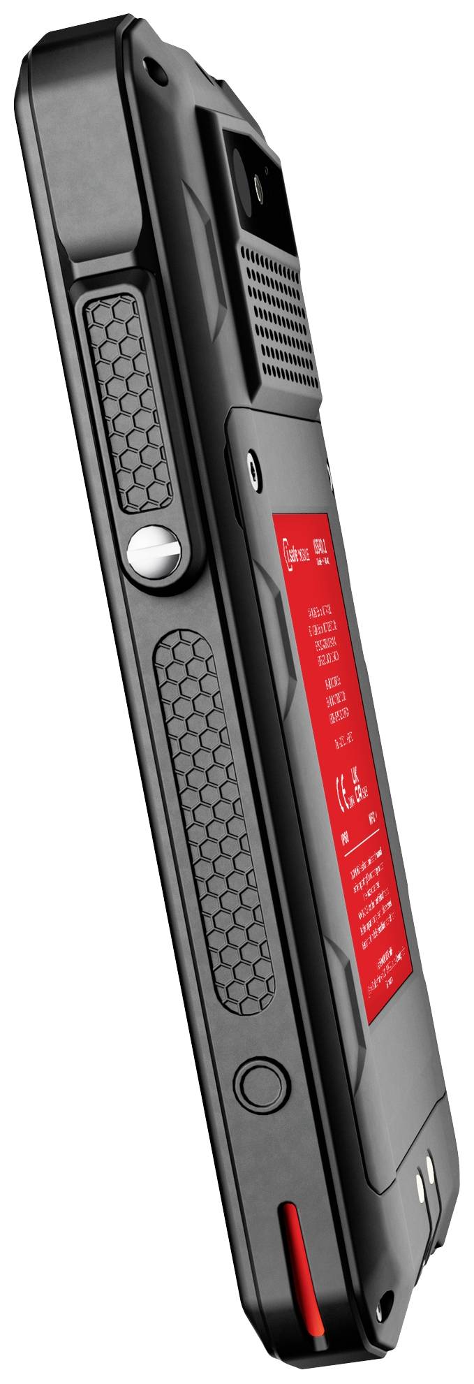 Smartphone à construction robuste, design noir, poignées latérales surélevées et étiquette rouge avec spécifications techniques au dos.