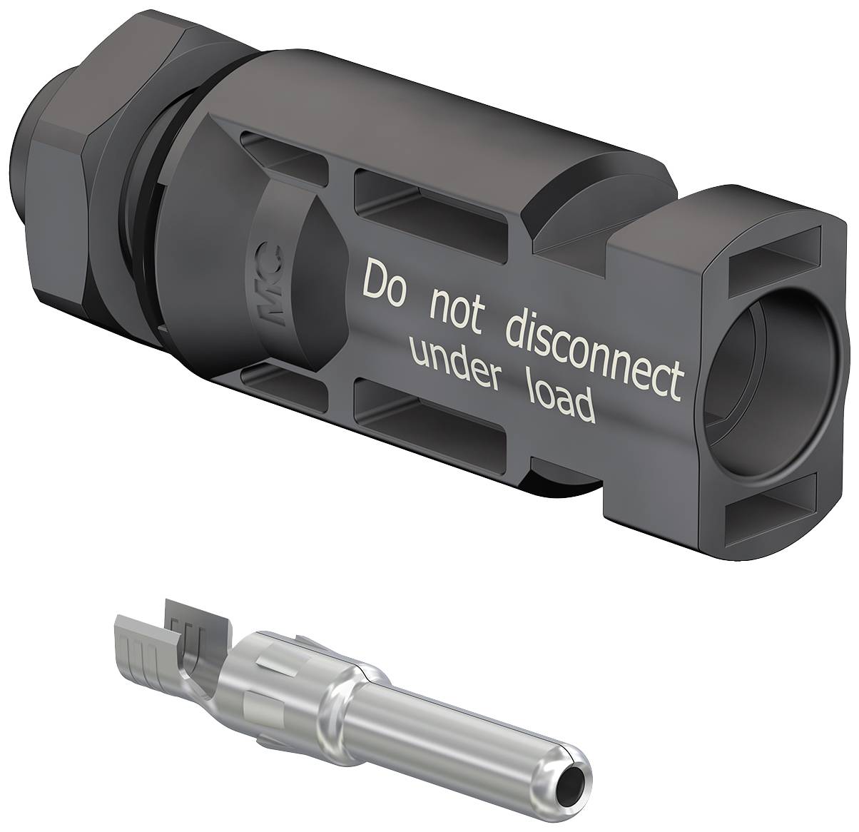 Un connecteur noir portant l'inscription « Ne pas déconnecter sous charge » est représenté, à côté d'une broche métallique individuelle.