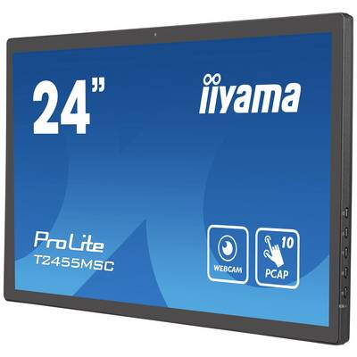 Écran Iiyama ProLite T2455MSC de 24 pouces avec écran tactile et webcam, adapté aux présentations interactives et aux vidéoconférences.