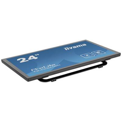 Un moniteur Iiyama ProLite T2454MSC de 24 pouces est posé sur la table. L'écran affiche le logo, la taille de l'écran, les symboles infrarouges et multi-touch 10 points.