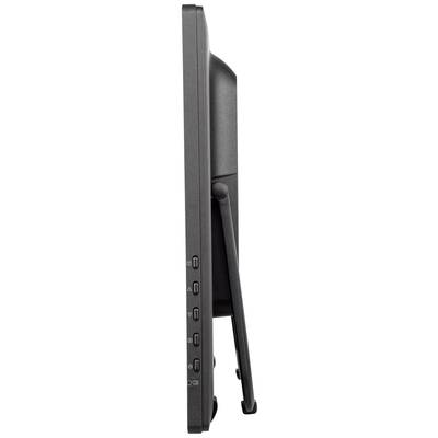 Vue latérale d'un moniteur d'ordinateur noir avec plusieurs ports USB et un support de maintien.