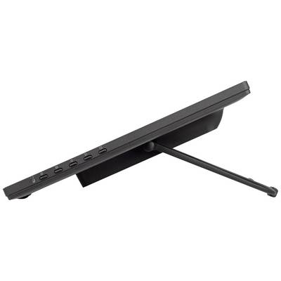Vue latérale d'un support de moniteur noir avec des boutons de commande, placé en position oblique.