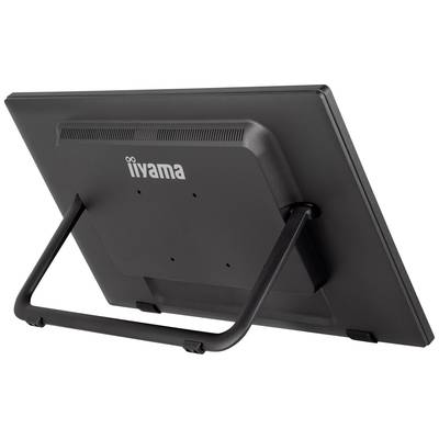 Un moniteur iiyama noir vu de dos avec un support stylisé pour être placé sur une table.