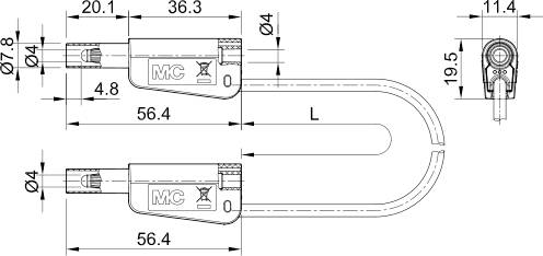 Dessin technique d'un cadenas à étrier avec dimensions en millimètres : longueur 56,4, largeur 36,3, hauteur 19,5, diamètre 4 et 7,8.