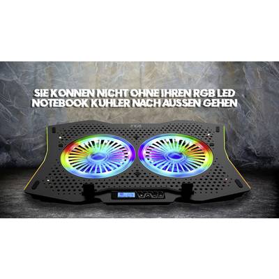 Refroidisseur de notebook LED RVB avec deux ventilateurs lumineux sur un fond structuré, avec le texte au-dessus : 'Vous ne pouvez pas sortir sans votre refroidisseur de notebook LED RVB'.