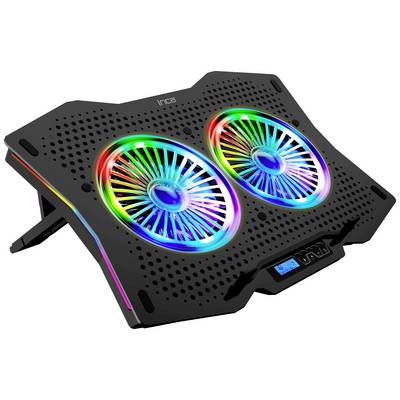 Refroidisseur pour ordinateur portable avec deux grands ventilateurs illuminés aux couleurs arc-en-ciel, design en grille noir, affichage numérique en bas.