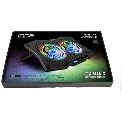 Emballage externe d'un refroidisseur de ordinateur portable gaming avec éclairage RVB et deux ventilateurs. Nom de marque 'INCA' en haut à gauche.