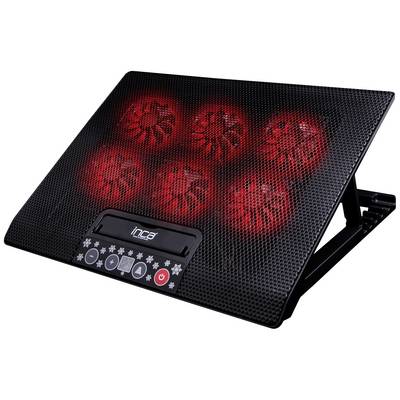 Refroidisseur pour ordinateur portable avec six ventilateurs éclairés en rouge et support réglable. Un panneau de commande avec des touches de contrôle se trouve en dessous.