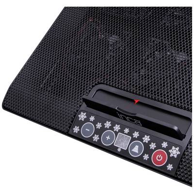 Refroidisseur pour ordinateur portable au design quadrillé noir, avec affichage LED et boutons de commande pour la ventilation et le réglage du volume sonore.