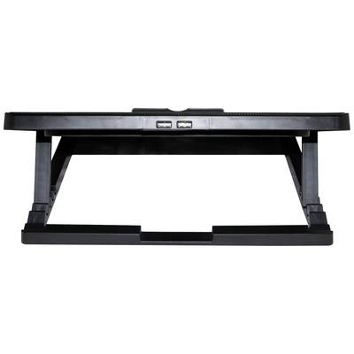 Support de laptop noir avec hauteur réglable, vue de face. Deux ports USB visibles sur le devant. Aucun ordinateur portable n'est présent.
