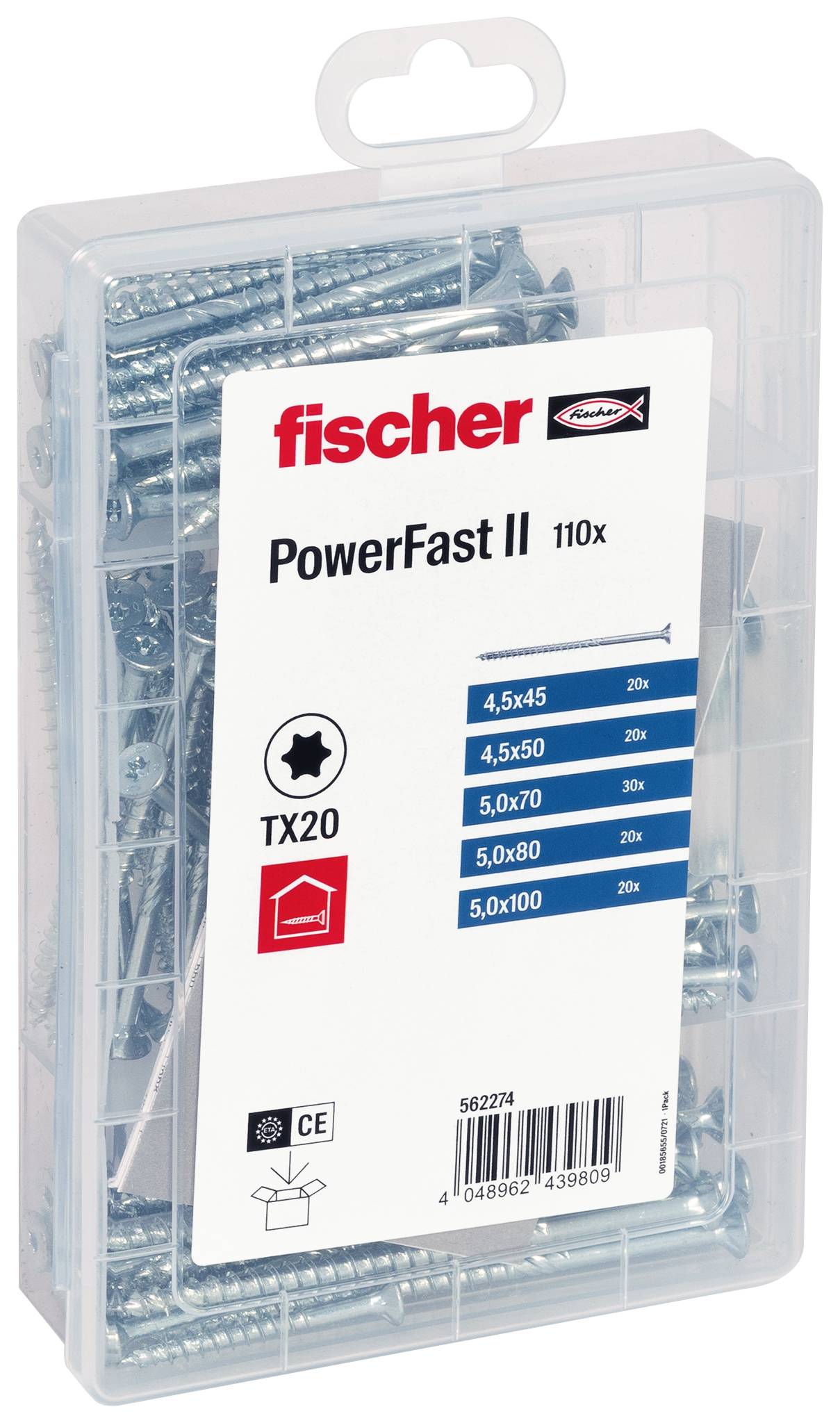 Boîte en plastique transparent de vis Fischer PowerFast II, étiquetée TX20 avec assortiment de tailles listées sur le devant.