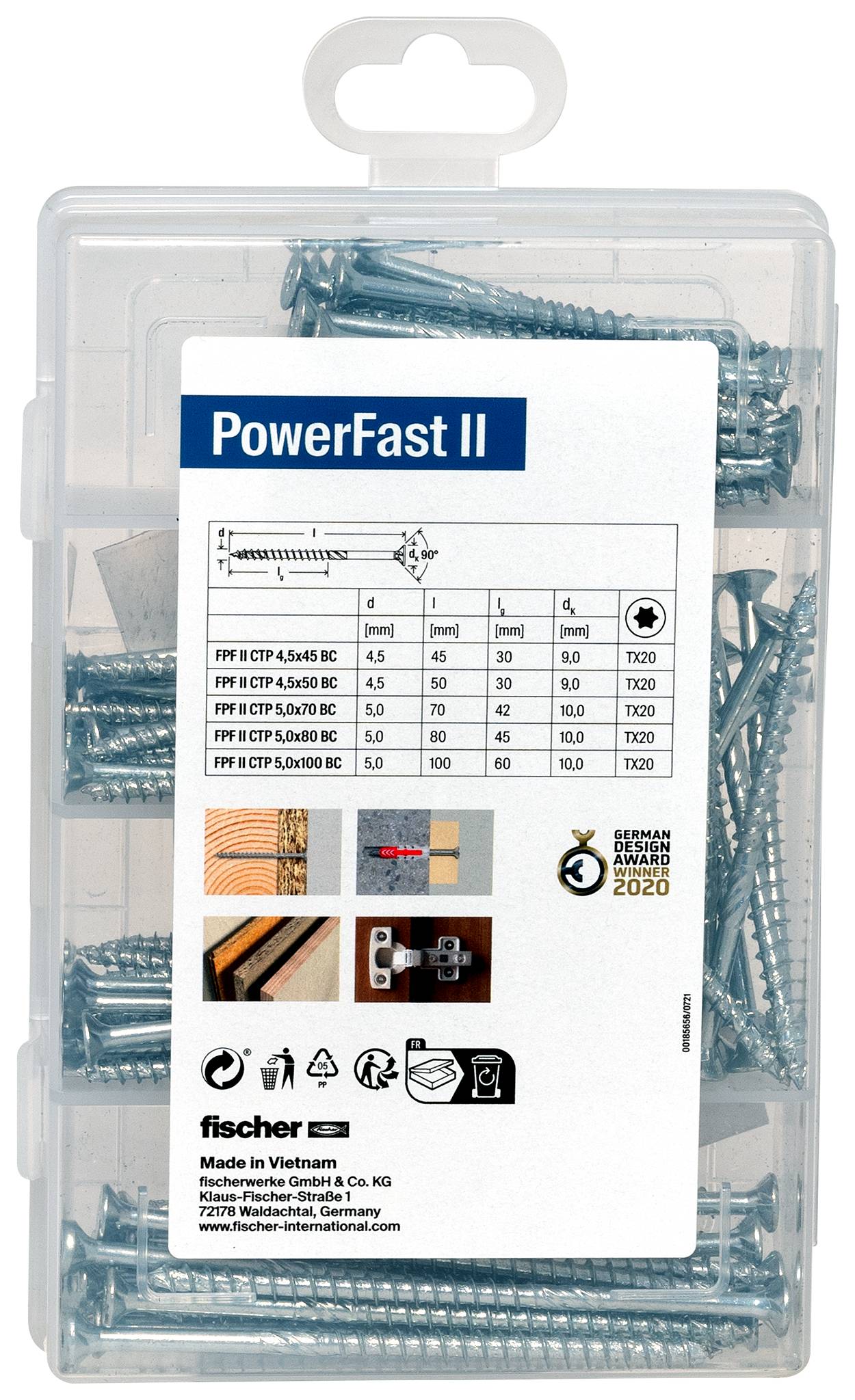 Lot de vis 'fischer PowerFast II', 110 pièces. Contient différentes tailles : 4,5x45 à 5,0x100. Marquées TX20.