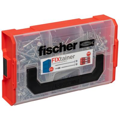 Boîte de rangement Fischer FixTainer transparente avec cadre orange, remplie de vis et d'éléments de fixation assortis.