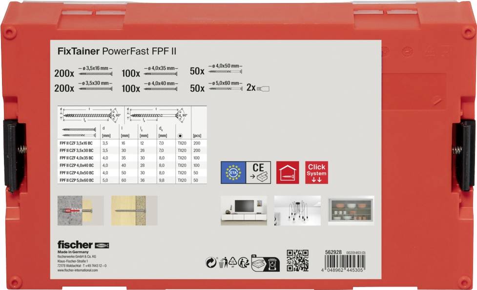 Boîte à outils rouge portant l'inscription 'FixTainer PowerFast FPF II'. Indique les tailles de vis, les quantités, les instructions d'utilisation et le logo CE.