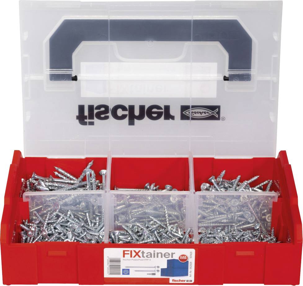 Boîte à vis rouge avec couvercle transparent, marquée 'FIxTainer'. Contient plusieurs compartiments remplis de différentes vis.