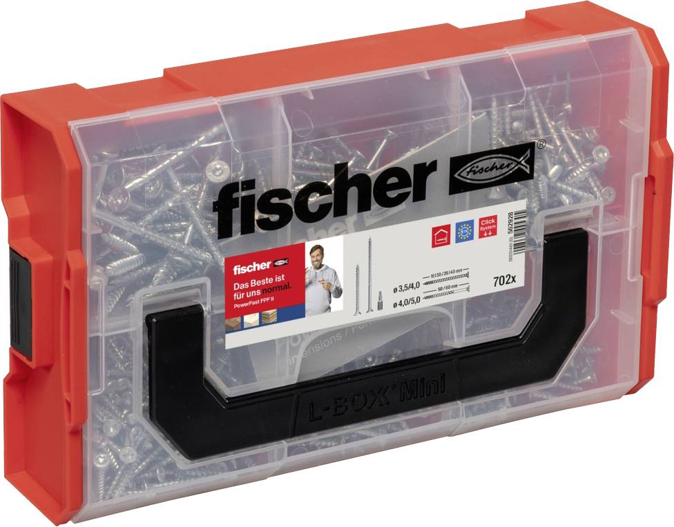 Une boîte en plastique transparente avec un bord rouge, remplie de différentes vis. Un autocollant affiche le logo 'fischer' et des détails techniques.