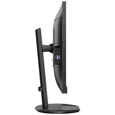 Vue latérale d'un écran d'ordinateur noir doté de deux ports USB à l'arrière. Le moniteur est posé sur un socle circulaire.