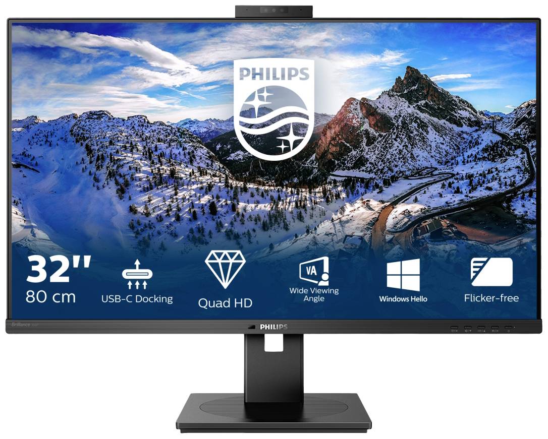Un moniteur Philips de 32 pouces avec station d'accueil USB-C, Quad HD, large angle de vue, compatible Windows Hello et sans scintillement.