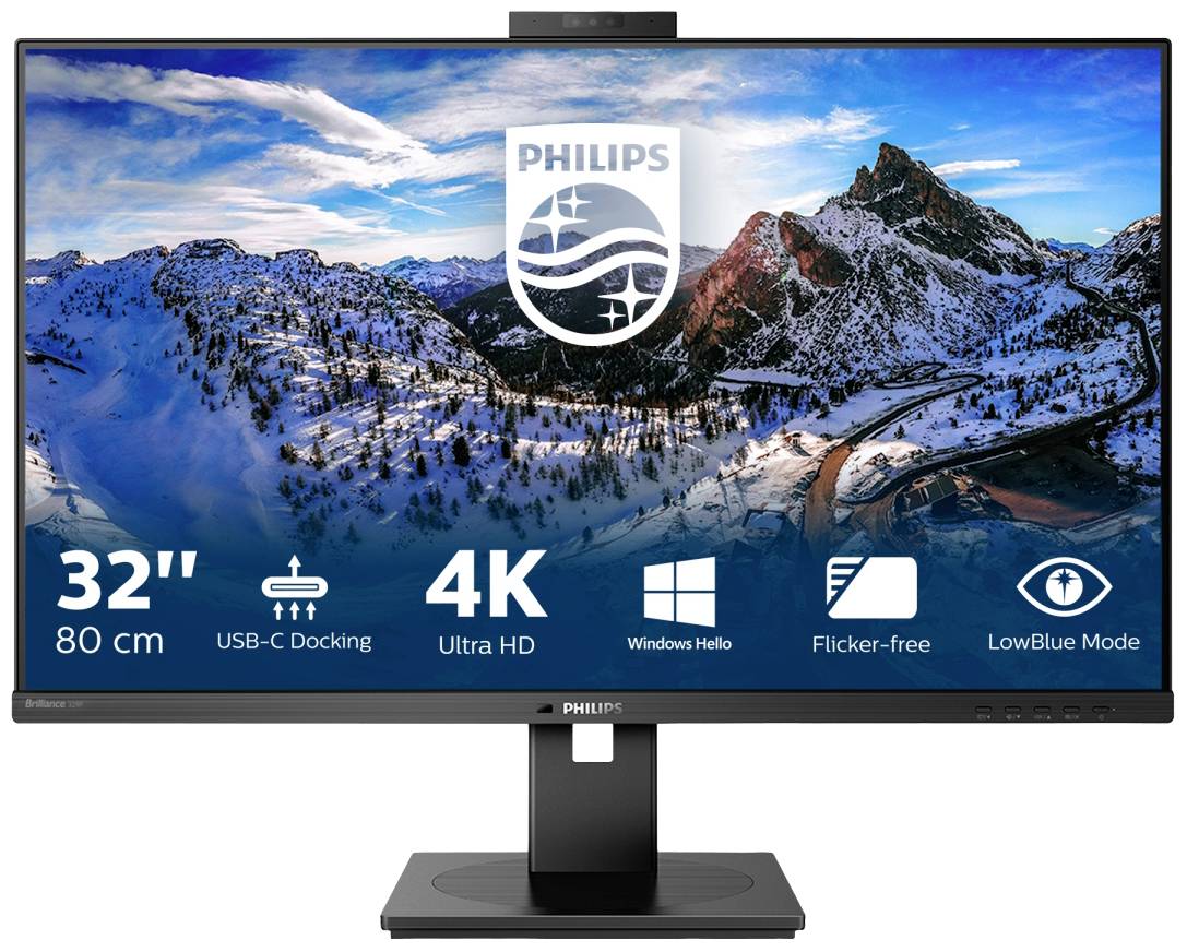 Un moniteur affiche un paysage de montagne hivernal. En dessous, des symboles et des textes : '32" 80 cm', 'Station d'accueil USB-C', '4K Ultra HD', 'Windows Hello', 'Sans scintillement', 'Mode Lumière Bleue Réduite'.