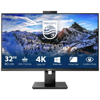 Un moniteur affiche un paysage de montagne hivernal. En dessous, des symboles et des textes : '32" 80 cm', 'Station d'accueil USB-C', '4K Ultra HD', 'Windows Hello', 'Sans scintillement', 'Mode Lumière Bleue Réduite'.