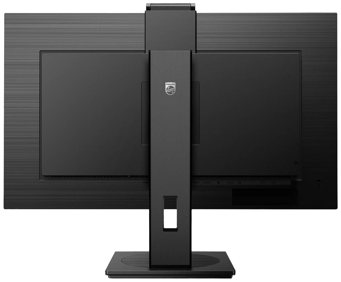 Un moniteur vu de dos, monté sur un socle rectangulaire noir. Le design est sobre et moderne.