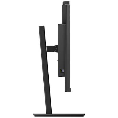 Vue latérale d'un écran d'ordinateur noir sur un socle. Le design est élégant et moderne.