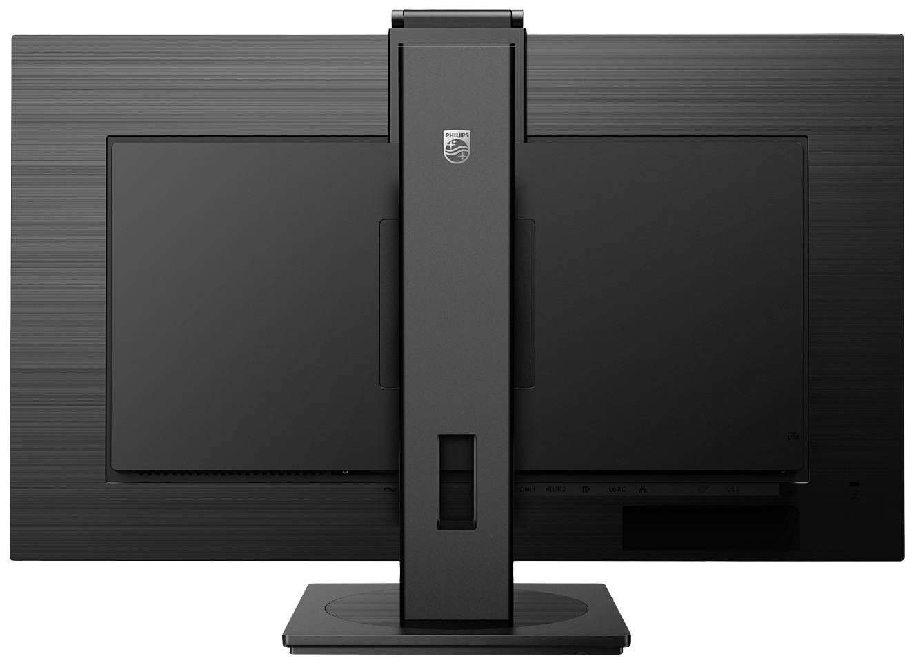 Arrière d'un moniteur d'ordinateur noir au design épuré, doté d'un socle vertical. Aucune connexion ou marque visible.