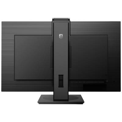 Arrière d'un moniteur d'ordinateur noir au design épuré, doté d'un socle vertical. Aucune connexion ou marque visible.