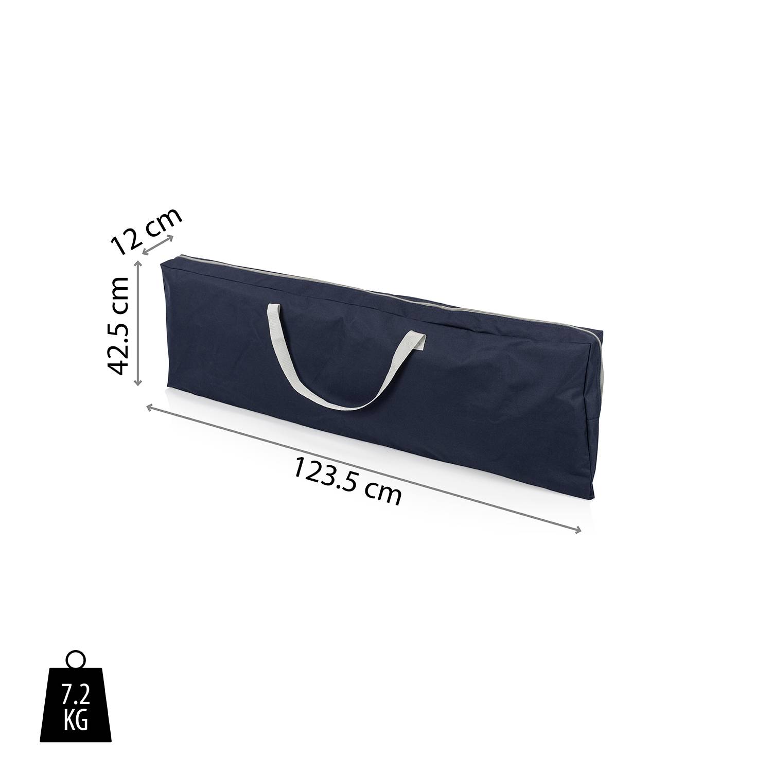 Sac de transport noir avec poignée, dimensions 123,5 cm x 42,5 cm x 12 cm, poids 7,2 kg.