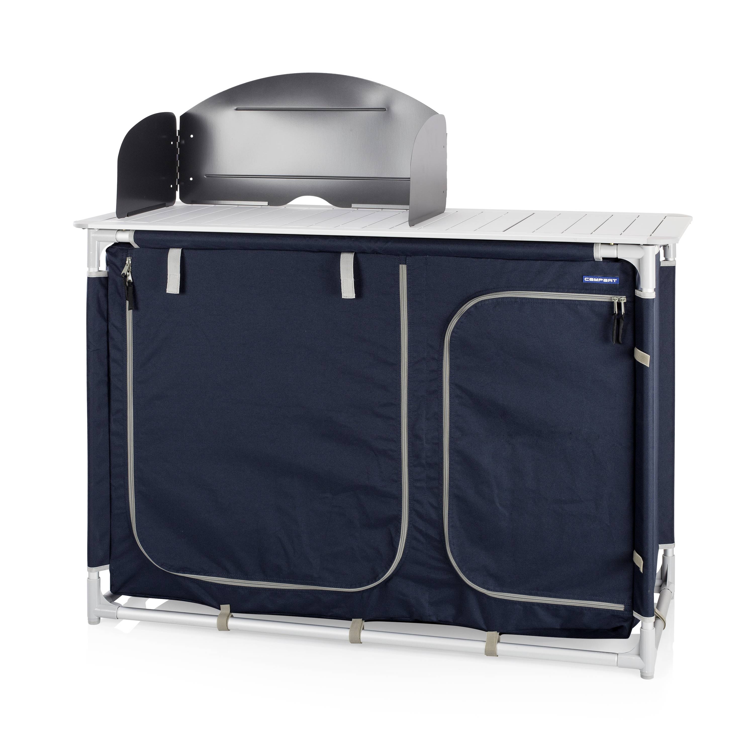 Un placard de cuisine de camping bleu avec un cadre en métal, un plan de travail et un pare-vent. Idéal pour le rangement et la cuisine en extérieur.