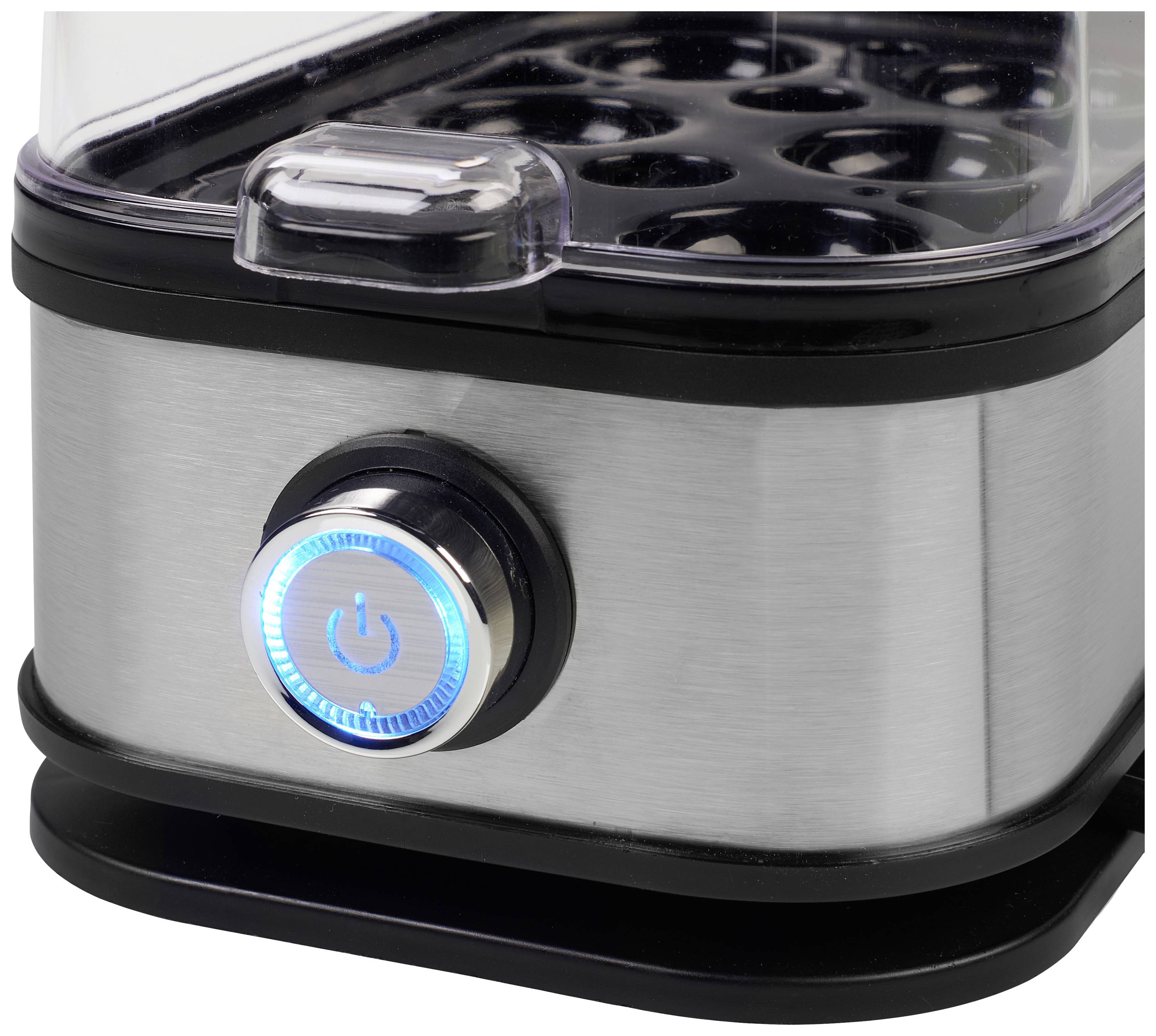 Un cuiseur à œufs en acier inoxydable avec un interrupteur marche/arrêt bleu illuminé, couvercle avec poignée, adapté à la cuisson de plusieurs œufs.