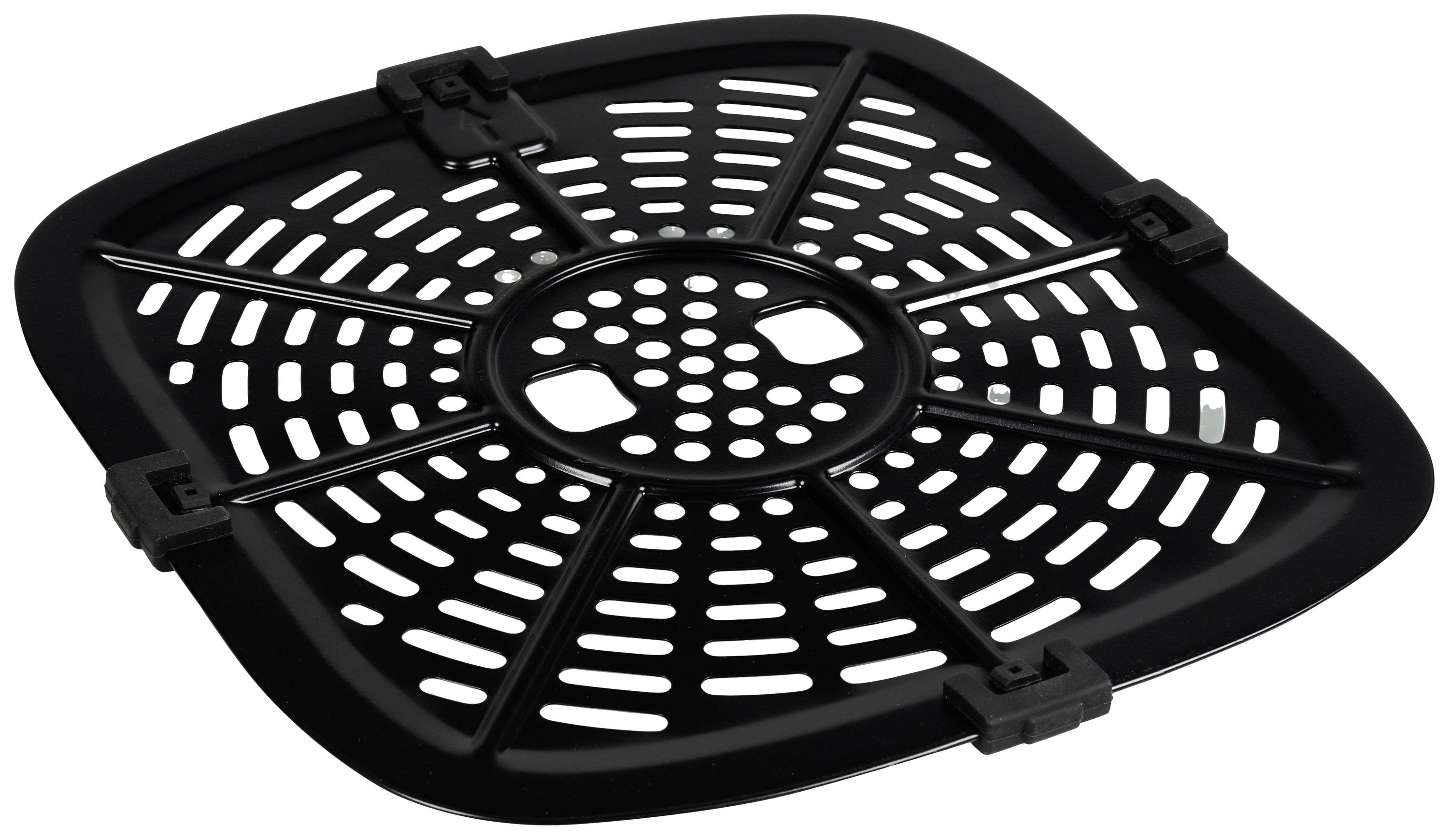 Grille en plastique noir, carrée, avec des ouvertures rondes et rectangulaires, utilisée pour la ventilation ou la stabilisation.