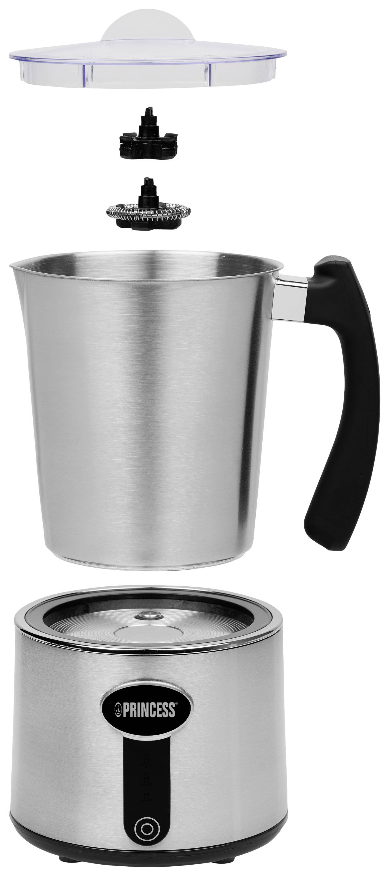 Mousseur à lait électrique en pièces détachées : station de base, pichet en métal avec poignée, embout de moussage et couvercle. Idéal pour préparer de la mousse de lait.