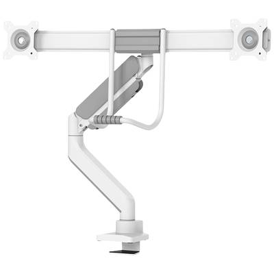 Un support double-écran blanc avec bras ajustable et gestion des câbles. Pour fixer deux écrans sur un bureau.