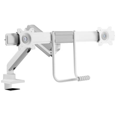 'Bras de moniteur blanc, ajustable, avec deux supports et un mécanisme de levier inclinable pour une fixation sur des bureaux.'