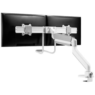 Deux moniteurs noirs montés sur un support de bureau ajustable blanc.